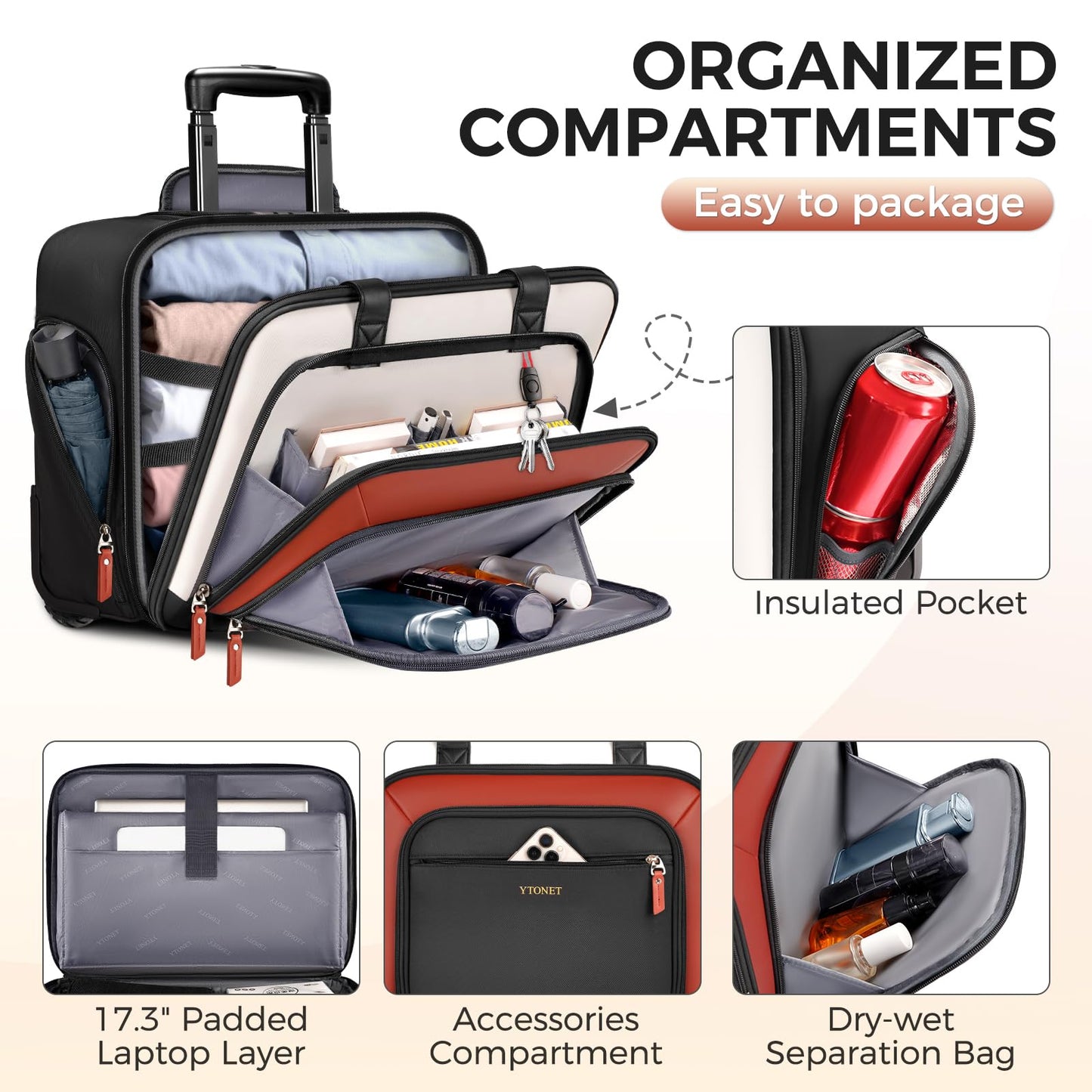 Ytonet Rolling Laptop Bag, Rolling Briefcase for Women with Lock, 17.3 Inch Laptop Bag with Wheels, Roller Bag with Insulated & Dry-wet Separation Pocket, Teacher Bag for Work Travel Business College