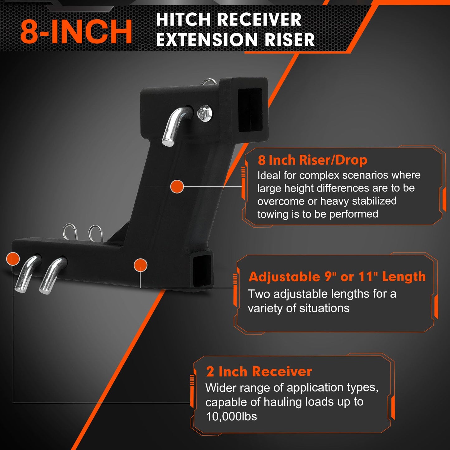 10000lbs 8-Inch Hitch Receiver Extension Riser, 2 Inch Receiver with 8 Inch Drop, Adjustable 9" or 11" Length, Dual Pinhole Design, 3-Pack Hitch Pins and Universal Trailer Cap, Black