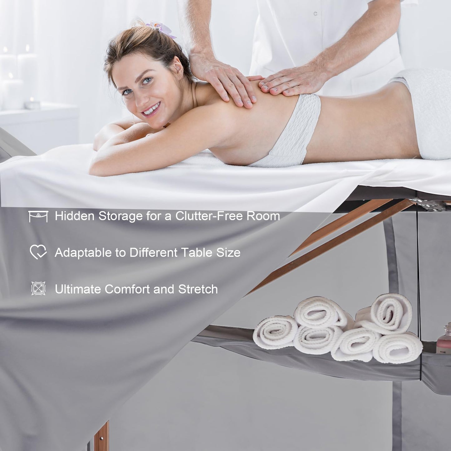 SHINARDO Massage Table Skirt,Massage Face Rest Cover,and Massage Table Under Storage 3pcs Set,SPA Bed Cover,Bed Valance,Soft and Stretchable Fabric Fit Different Size (Gray)