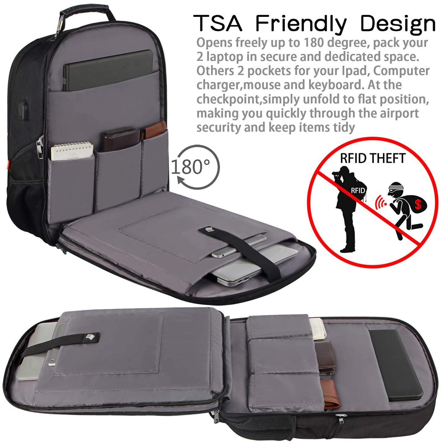 JCDOBEST 18.4 inch Gaming Laptop Backpacks with USB Charging Port, Big Capacity TSA Friendly RFID Anti Theft Pocket College Heavy Duty Computer Work bag for Men