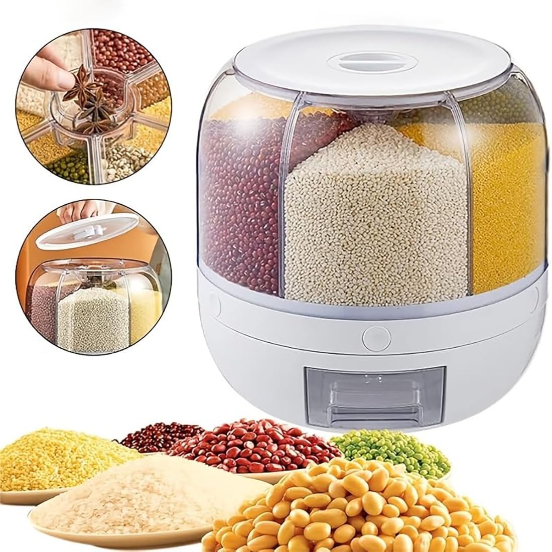 Wnnideo Rotating Grain Storage Bin 6 Grids Rice Container One-Click Output Large Capacity Food Dispenser For Rice Grains Sealed Moisture Proof Organizer (Large) (Grey, Large)