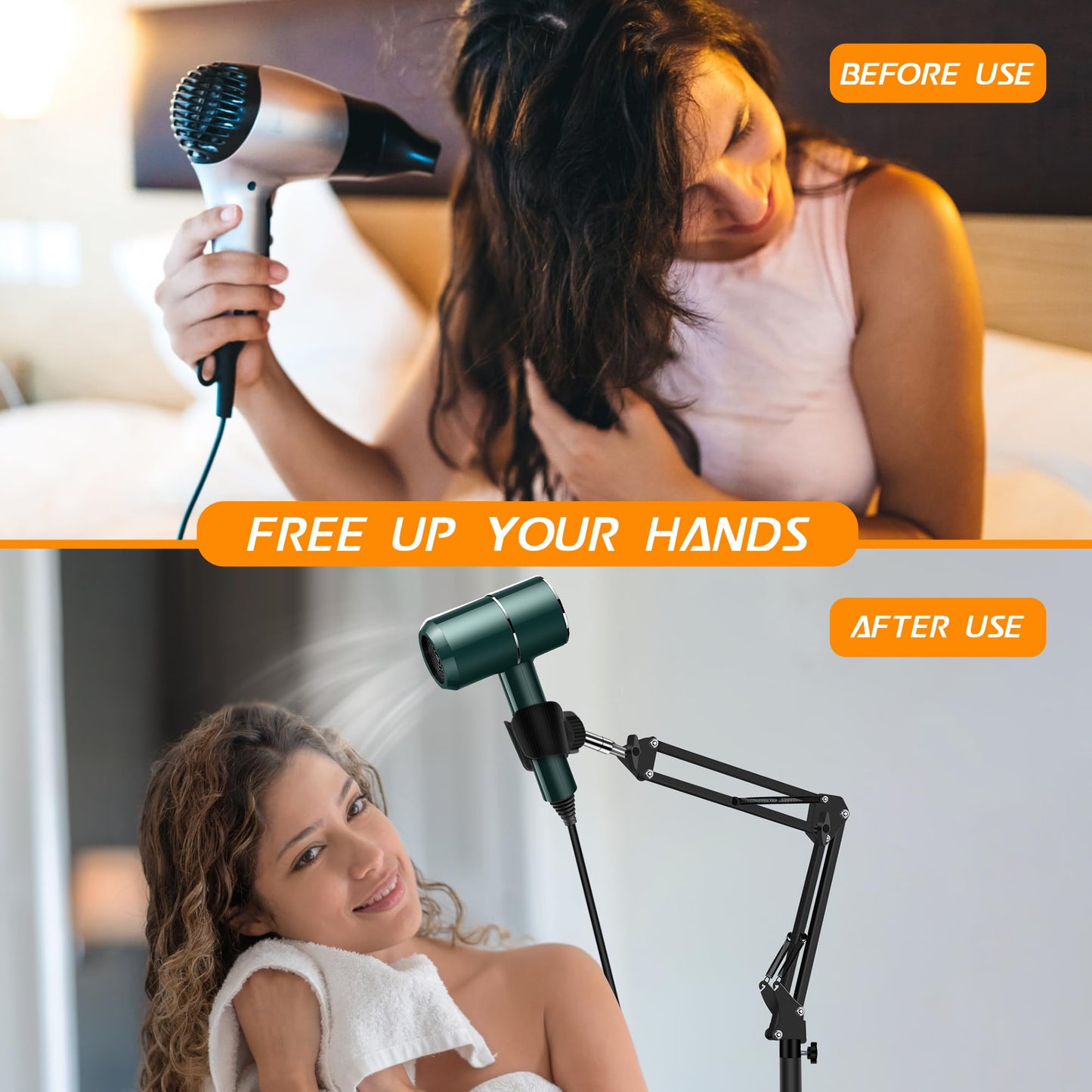 Vivnoon Hair Dryer Stand, 1.68M Height Adjustable, Hands Free Blow Dryer Holder with Heavy Base, 360 Degree Rotating, Work with 99% Dryers, Gift for Mom, Elder, Frozen Shoulder - Black