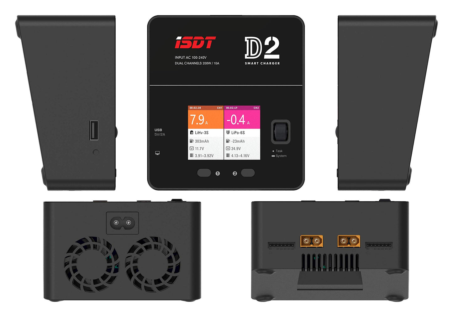 ISDT D2 Mark 2 LiPo Battery Balance Charger Duo Discharger Dual 200W 12A2 AC Dual Channel Output 1-6S Li-ion Life NiCd NiMH LiHV PB Smart Battery