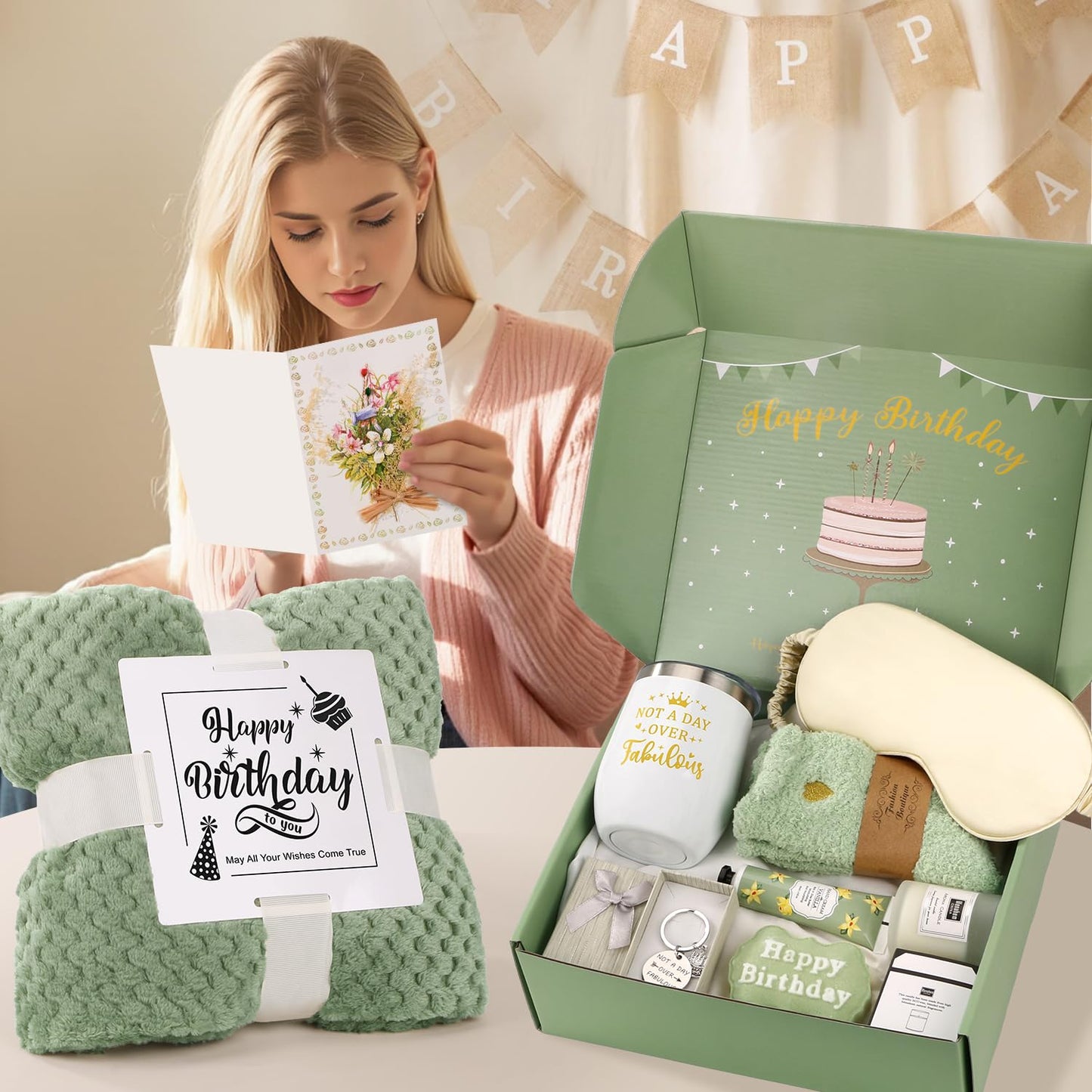 BaiCai Birthday Gifts for Women, Happy Birthday Gifts for Mom Sister Her Best Friend Girlfriend Wife Bday Gift Ideas, Unique Relaxing Spa Birthday Gift Baskets for Women Care Package w/Blanket