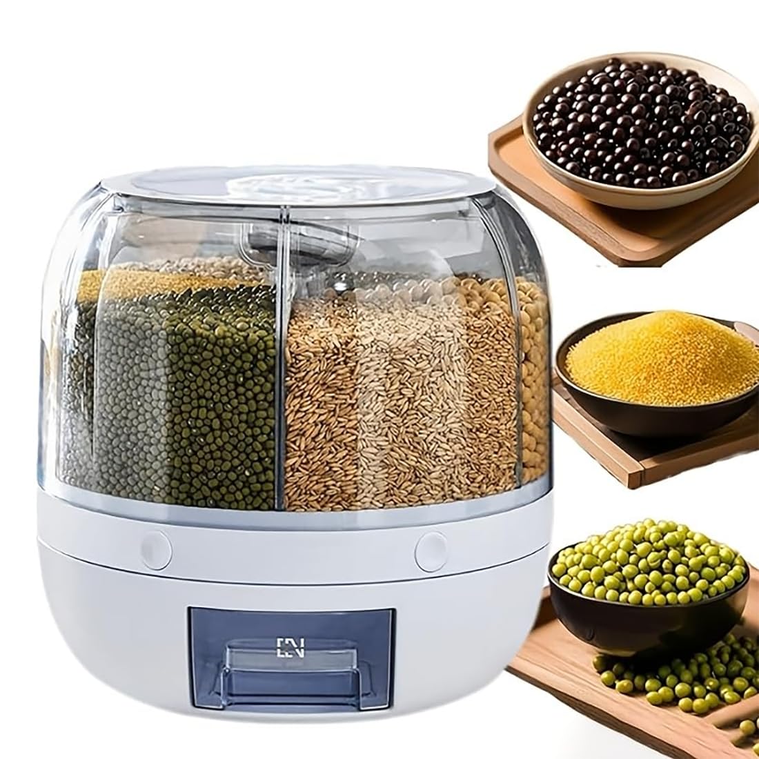 Wnnideo Rotating Grain Storage Bin 6 Grids Rice Container One-Click Output Large Capacity Food Dispenser For Rice Grains Sealed Moisture Proof Organizer (Large) (Grey, Large)