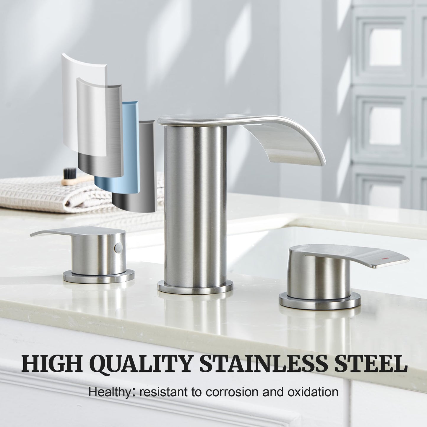 Ultimate Unicorn 8 inch Bathroom Faucet Brushed Nickel, Waterfall Bathroom Faucet with Metal Pop-up Sink Drain Stopper and 2 Supply Hoses,2 Handle Widespread Faucets for Vanity Sink 3 Holes
