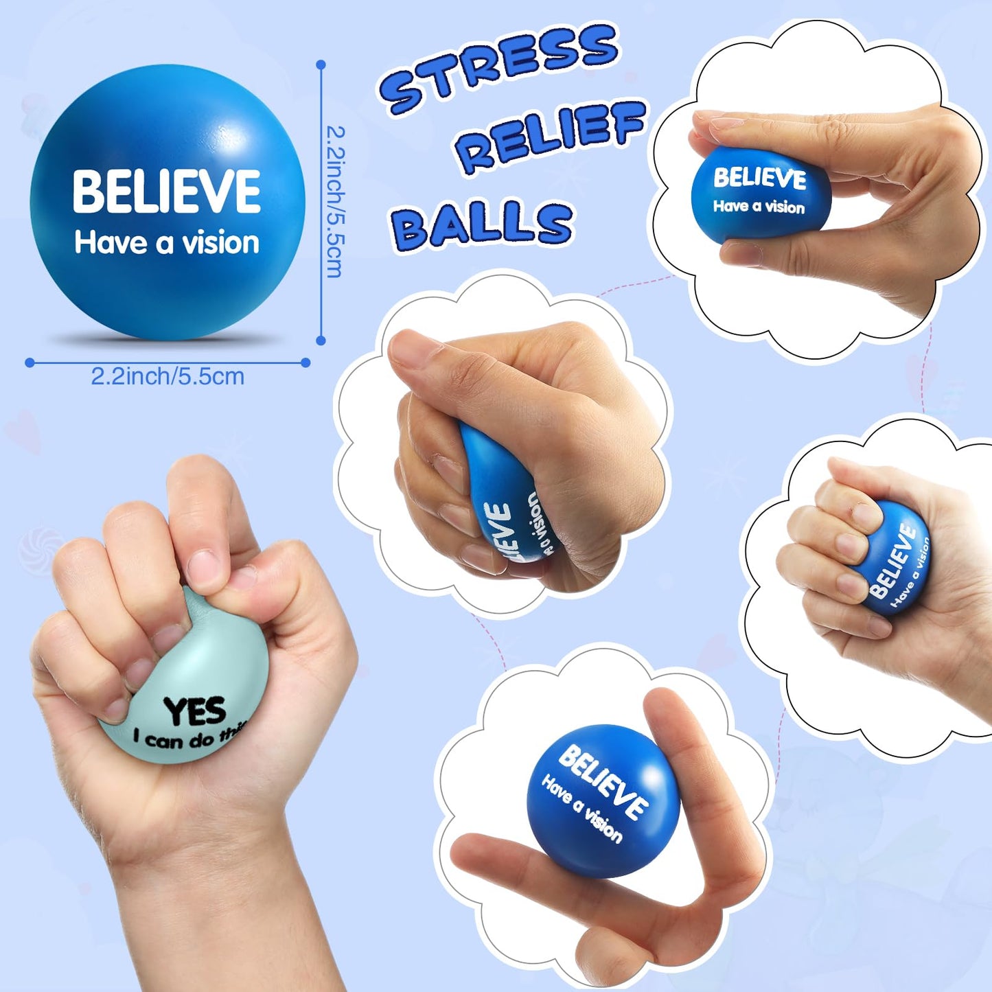 Liliful 48 Pieces Motivational Stress Balls Bulk for Adults Fidget Toys End of The Year Gifts Inspirational Squeeze Balls Employee Appreciation Gift Adult Goodie Bag 2. 2 Inch(Blue)