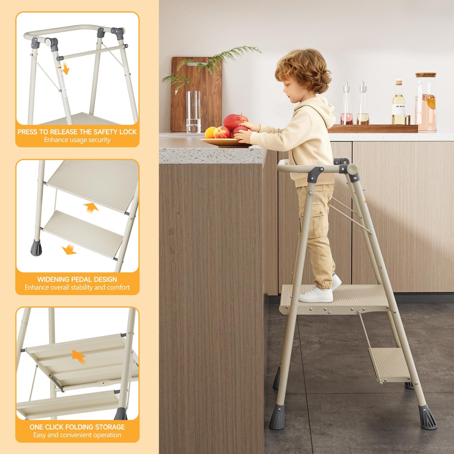 LEDLAY Aluminum Foldable Toddler Tower 2 Steps, Kids Step Stool for Kitchen, Toddler Kitchen Stool Helper with Anti-Drop Safty Railing, Multi-Functional Learning Tower with Anti-Slip Design, Gray