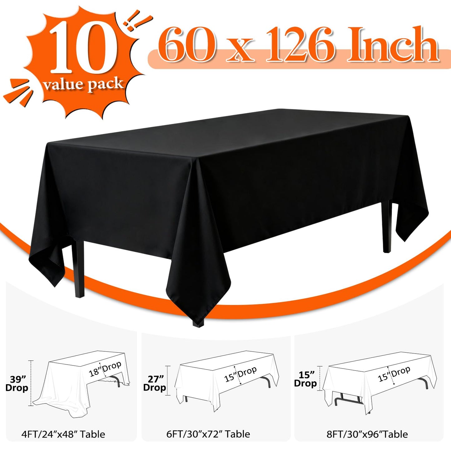 10 Pack Black Tablecloths 60x126 Inch Black Table Cloth for 8 Foot Rectangle Tables, Wrinkle Resistant Rectangular Tablecloth Washable Polyester Fabric Table Covers for Party Banquet Wedding Buffet