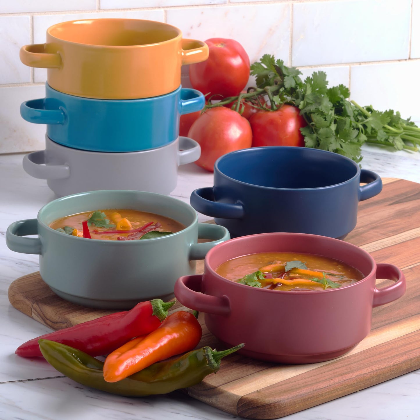 Stoneware 22oz Matte Glaze Soup Crocks Set of 6: Perfect for hearty soups and casseroles. Durable, oven-safe, microwave and dishwasher-friendly with dual handles.