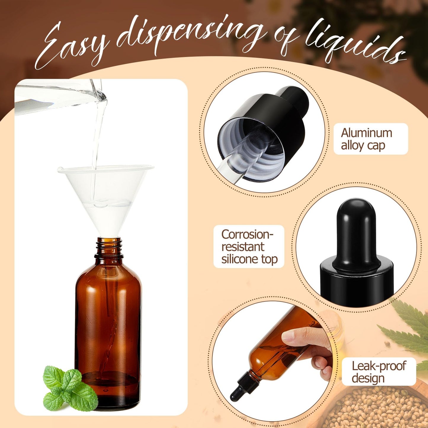 Lallisa 100 Pack Essential Oil Dropper Bottle 10 ml (1/3 Oz) Glass Dropper Bottles DIY for Diy essential Oil Perfume with 5 Funnels 5 Pipettes 3ml 100 Labels for Bathrooms, Hotels, Labs (Amber)