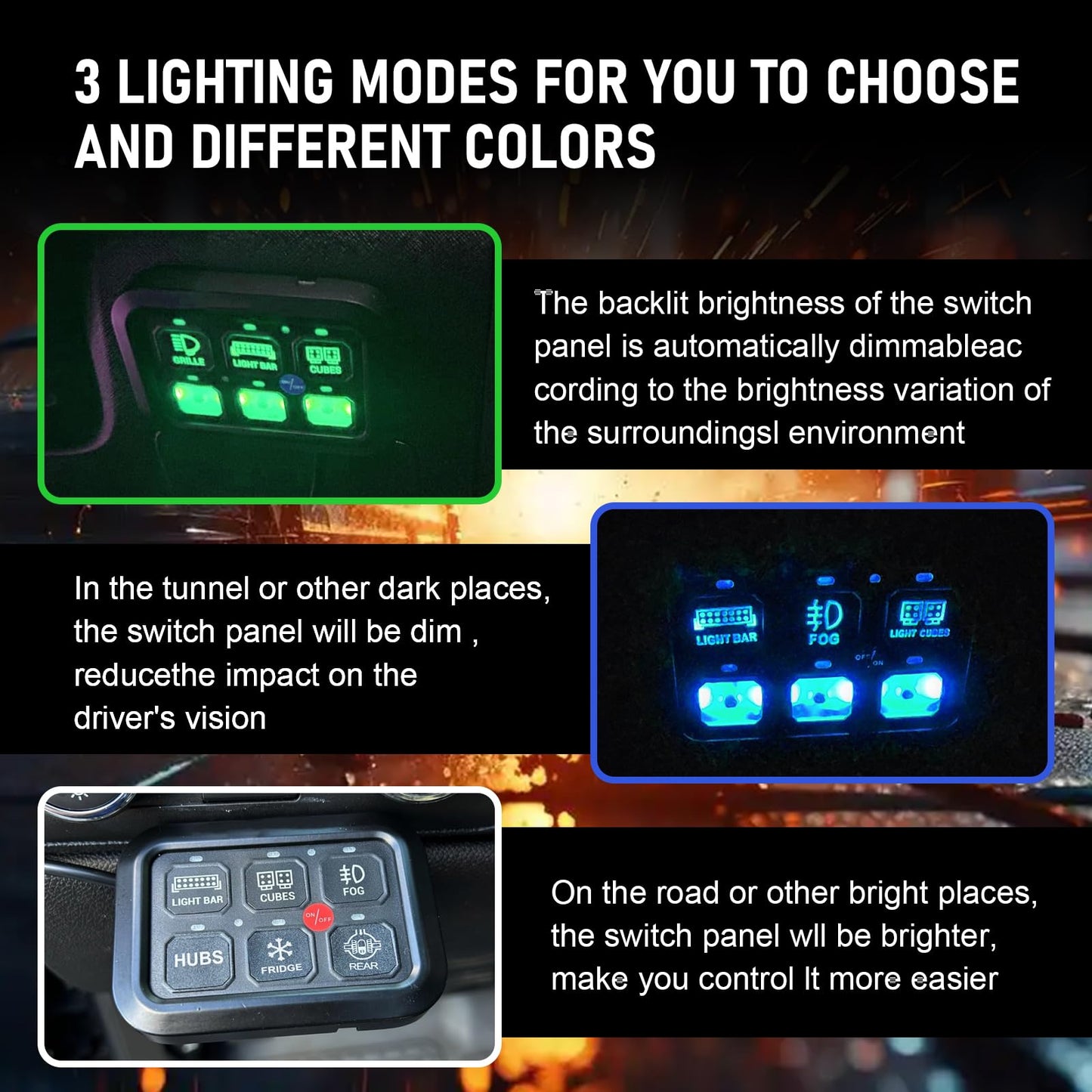 RUIANOMG 6 Gang Switch Panel, Universal Circuit Control Relay System with Fuse Wiring Harness and Automatic Dimmable ON-Off LED Switch Pod for Pickup Truck SUV Car Boat ATV UTV