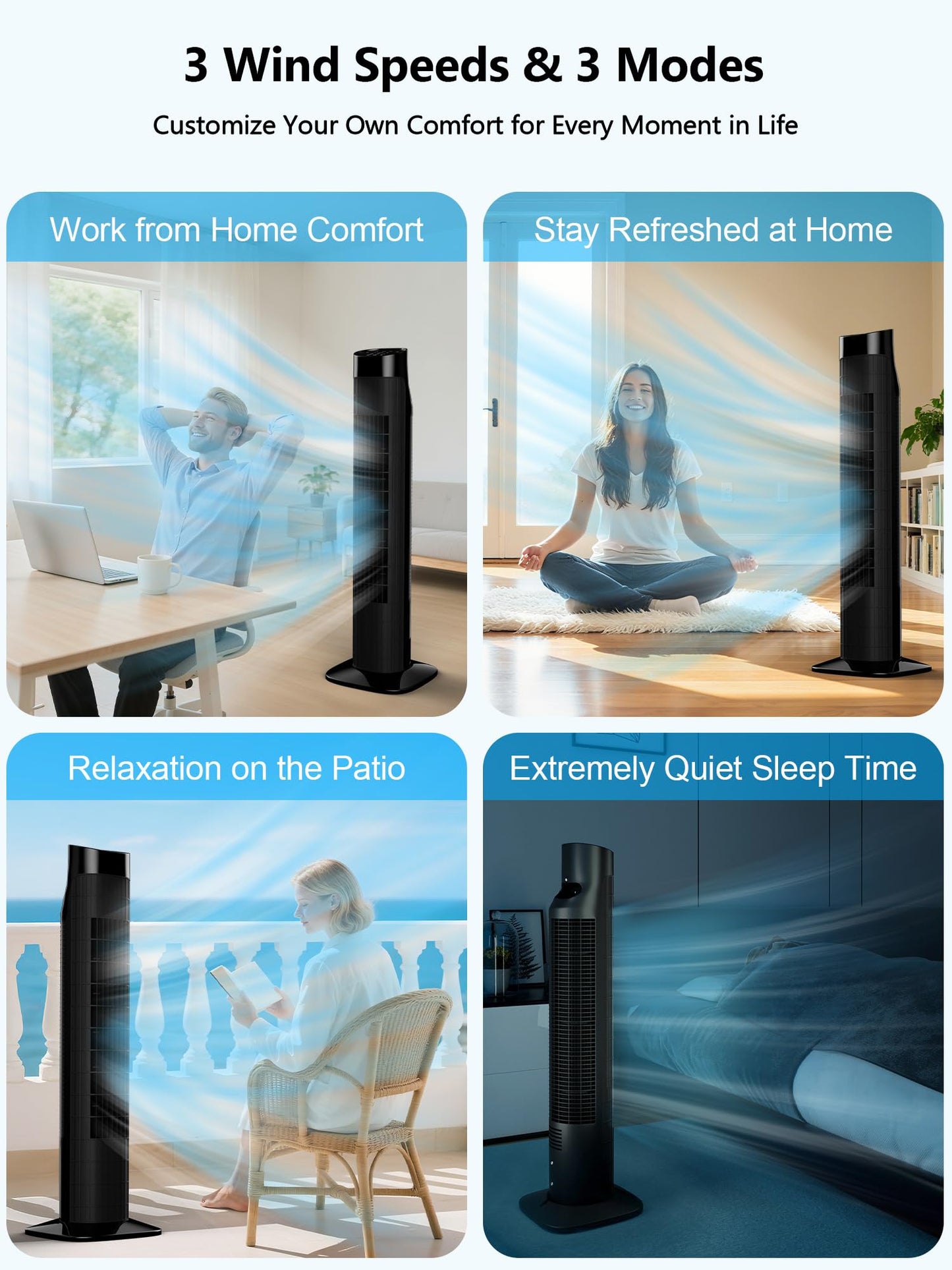 Uthfy Tower Fan for Bedroom, 120° Oscillating Standing Fan with Quiet Sleep Mode, 3 Speeds & 3 Modes, 7.5H Timer, Remote/Touch Control, Bladeless Floor Fans for Living Room, Office, Black