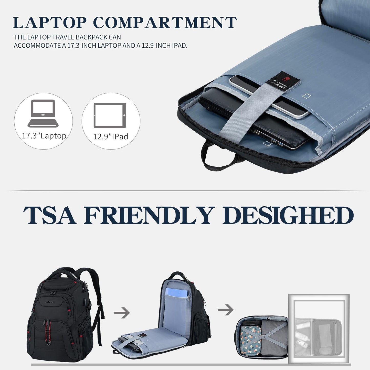 EMPSIGN Travel Laptop Backpack for men, 17.3 Inch Computer Backpack, 45L Anti-Theft Business Laptop Backpack with USB Charging Port, Water-Repellent Work College School Backpack for Men Women, Black