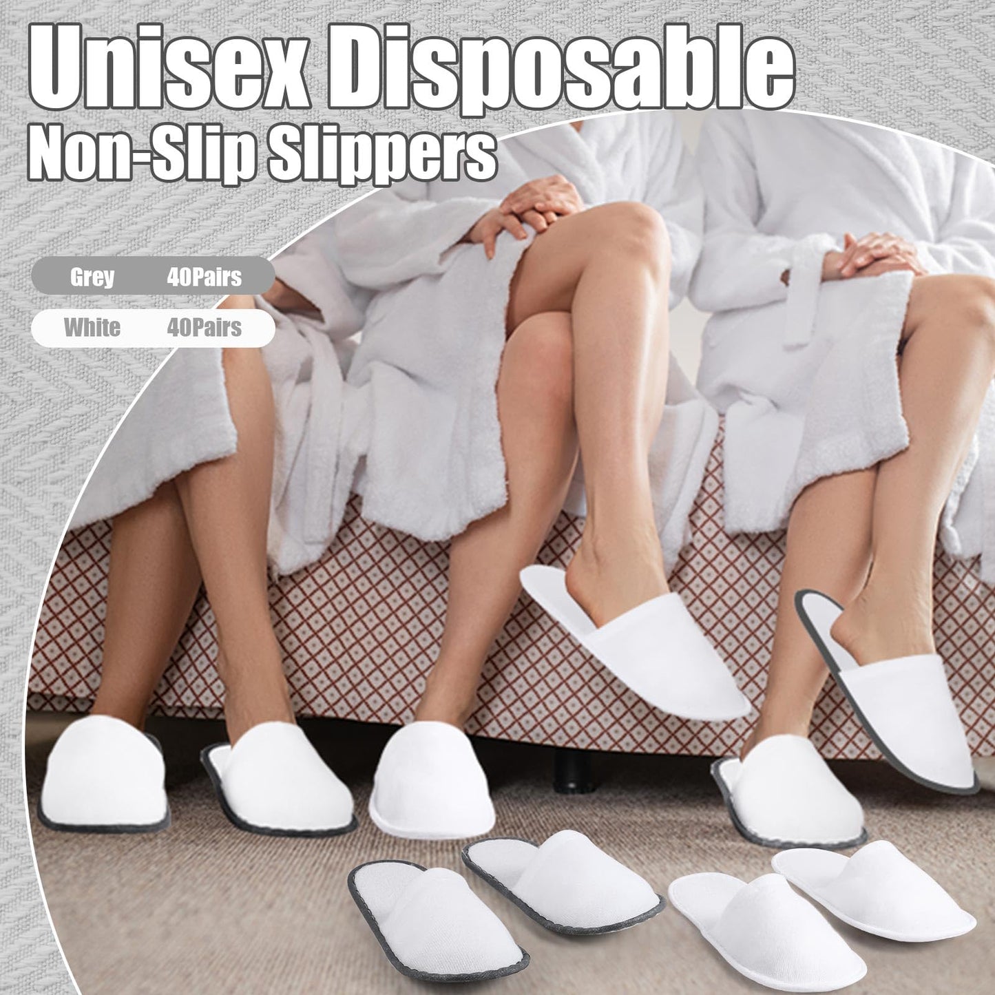 Ramede 80 Pairs Non Slip Disposable Slippers Bulk Hotel Spa Fluffy Closed Toe Indoor Slippers for Guests Men Women Home Wedding Travel Party(White, Gray)