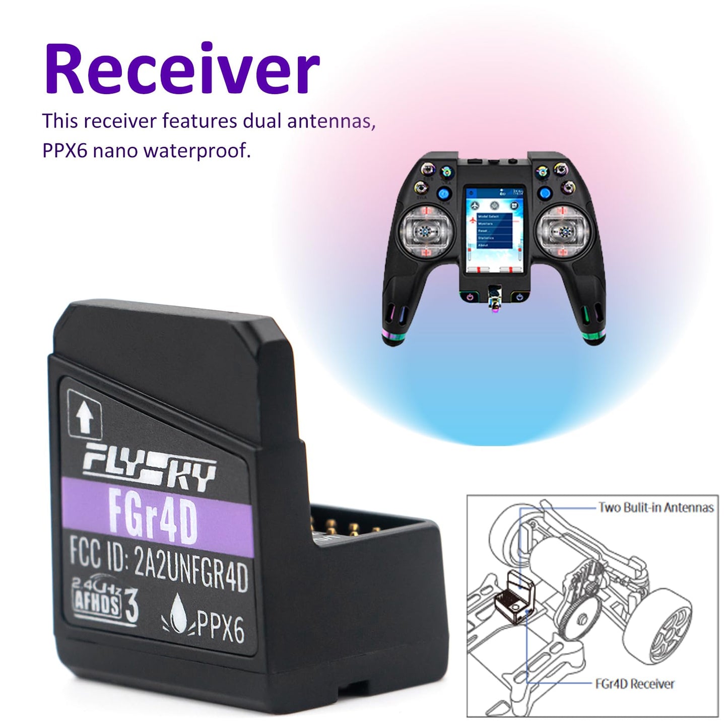 GoolRC Flysky FGr4D Receiver, 2.4GHz 4 Channels AFHDS 3 Receiver Built-in Dual Antenna PWM/PPM/i-BUS2/S.Bus/i-Bus Output Compatible with Flysky Noble NB4 PL18 EL18 RC Transmitter for RC Car Boat