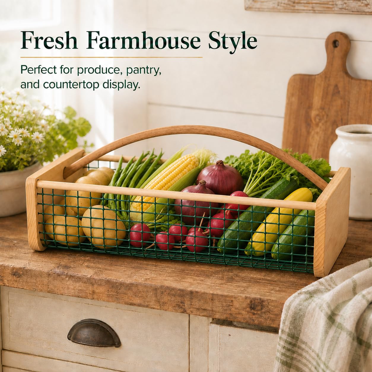 Extra Large Garden Harvest Basket for Vegetables, Wooden Garden Hod with Handle, Coated Metal Mesh Produce Caddy for Gathering, Rinsing, Draining & Countertop Display