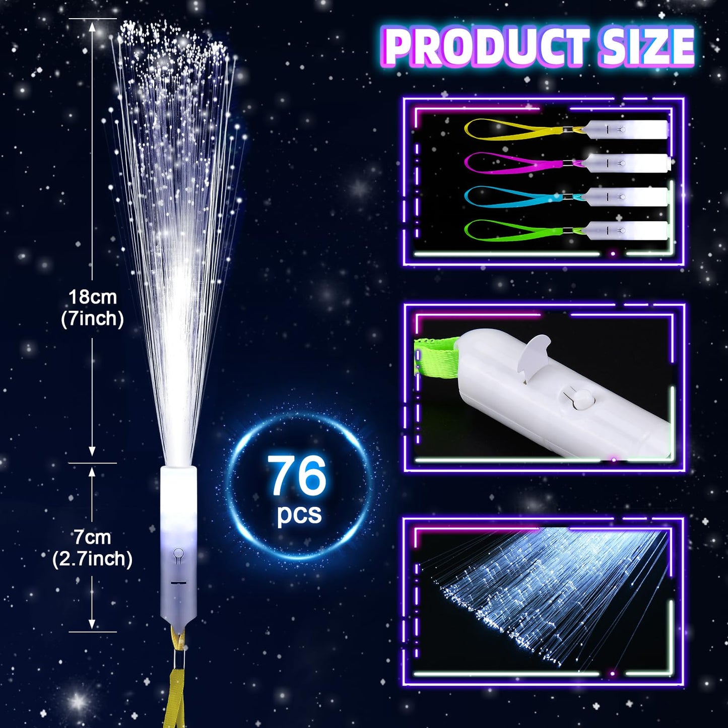 SHQDD 76 PCS White Fiber Optic Sticks, LED Fiber Wands, Fiber Optic Wand with 3 Light Modes, Glow in the Dark Party Supplies, Wedding Party Supplies, for Wedding, New Year, Birthday, Carnival