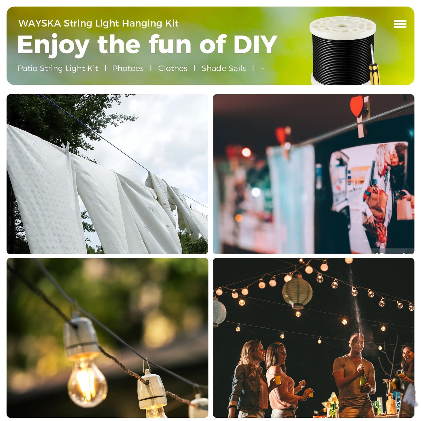 WAYSKA String Light Hanging Kit with 250FT Nylon Coated Stainless Steel 304 Wire Rope Cable Suspension Kit Included Enough Accessories, Turnbuckles and Hooks for Patio, Outdoor and Backyard Lighting