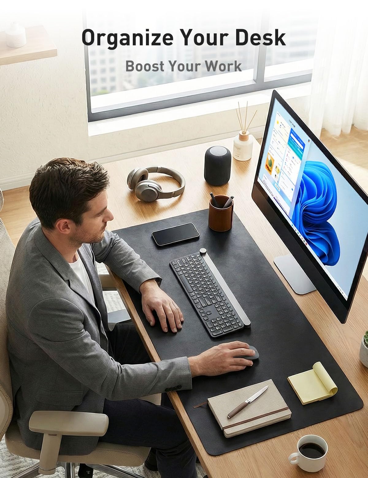 Aothia Faux Leather Desk Mat - Non-Slip PU Leather Desk Blotter, Waterproof Writing Surface, Large Desk Pad for Office & Home (Black, 55" x 24")