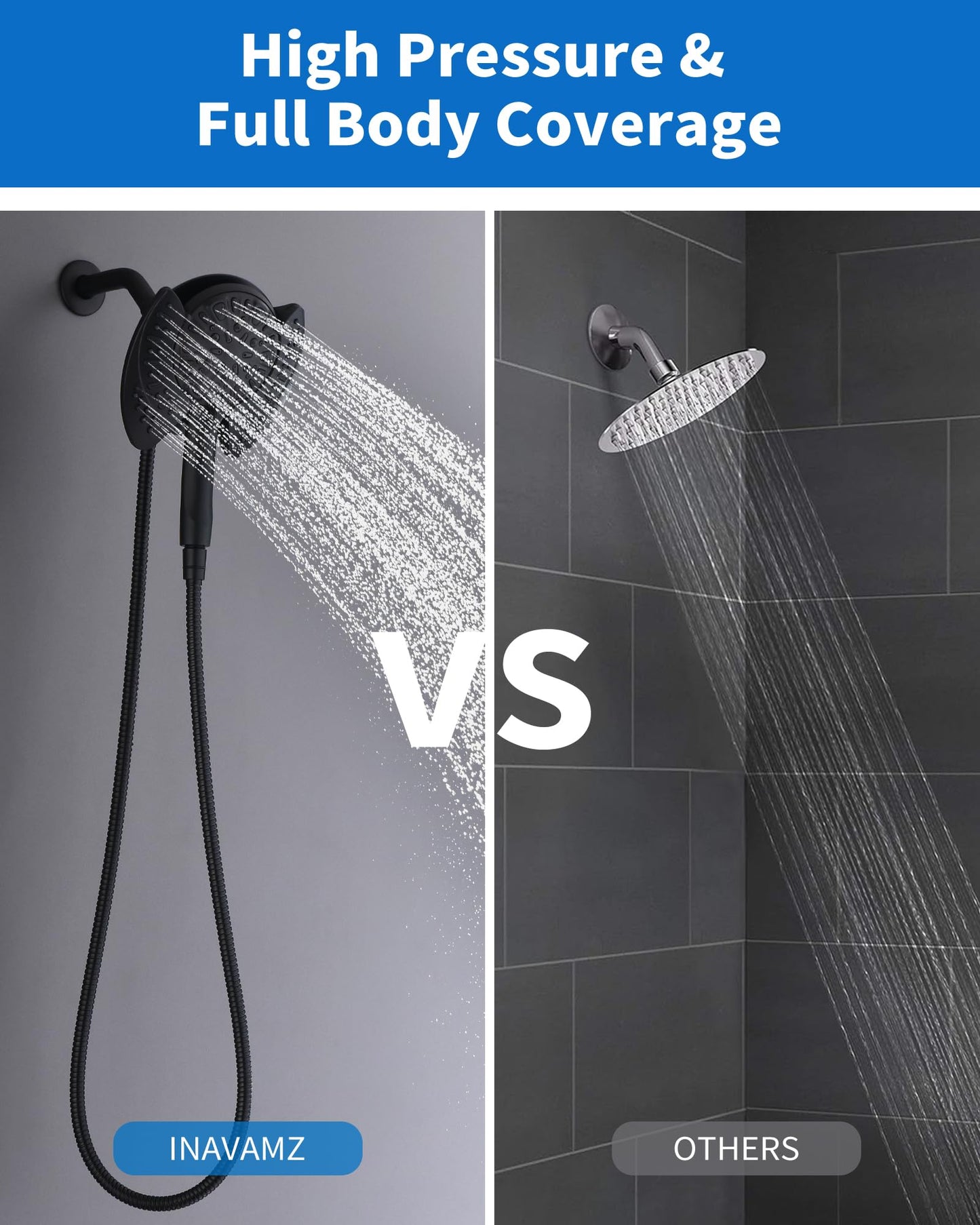 INAVAMZ 2-in-1 Shower Head with Handheld Combo: 2.5GPM Rainfall & Handheld Shower Head Use Together or Alone, 9 Spray Settings Hand Held Shower Head with Hose, Black