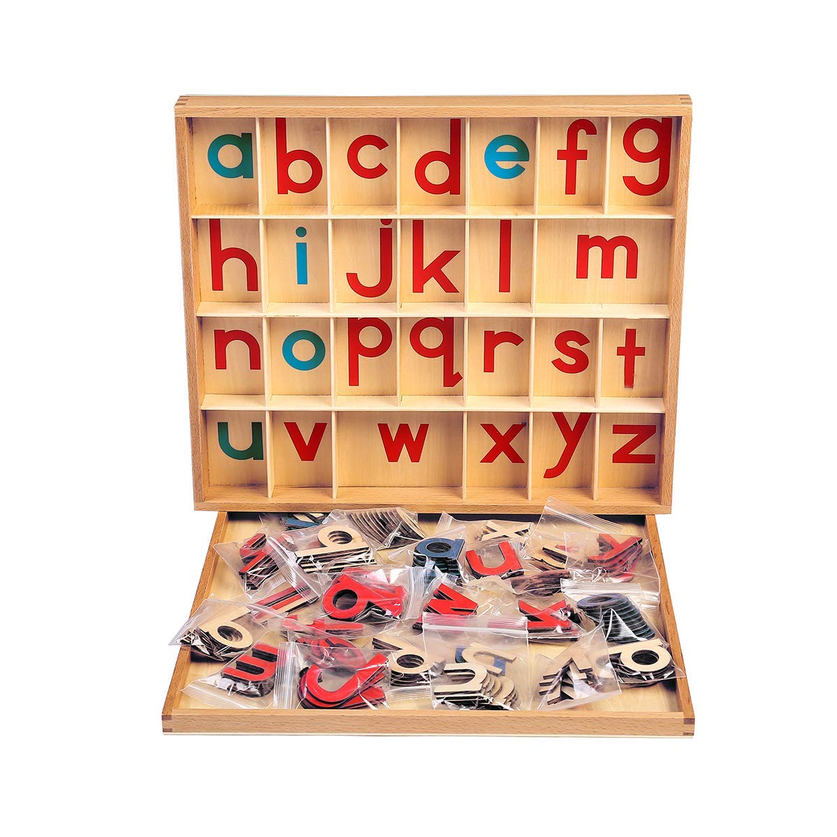 JE JOUE Montessori Letter Work Learning Materials Wooden Small moveable Alphabet Language Objects with Box (Red & Blue)