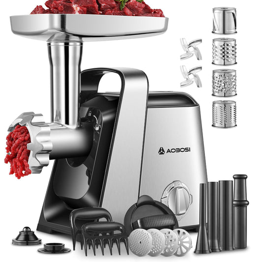 AAOBOSI #8 Meat Grinder, 6-In-1 Meat Grinder Electric [3000W Max] with 4 Slice, Shred Blades,2 Grinding Blades,4 Plates, 3 Sausage Stuffer,Kubbe Kit, Burger Press, 2 Meat Claws, for Home Kitchen Use