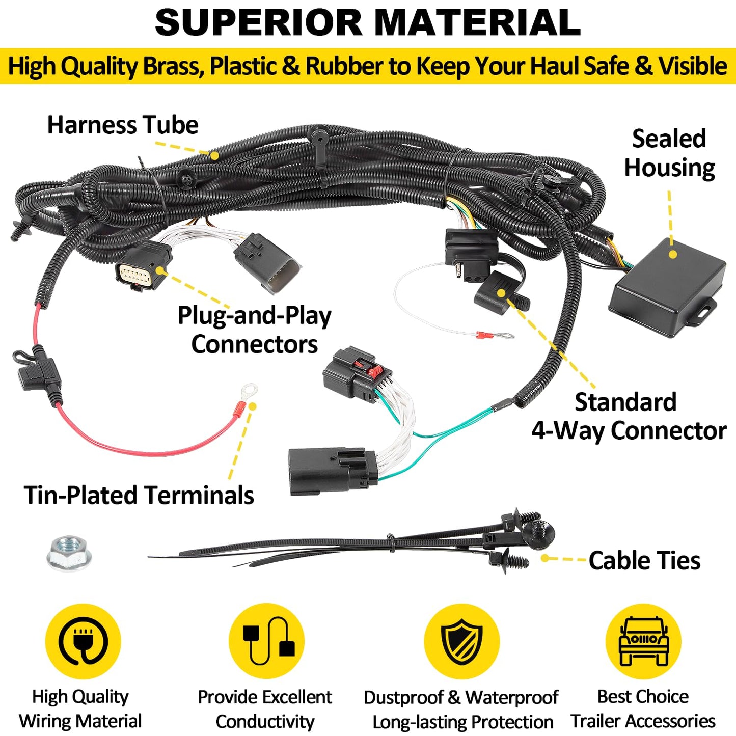 4-Pin Trailer Plug & Play Tow Hitch Wiring Harness fit for Jeep Wrangler Unlimited JL JLU 2018-2024, Custom 4 Way Towing Wire Harness Tube Kit for JL Trailer Light Connect