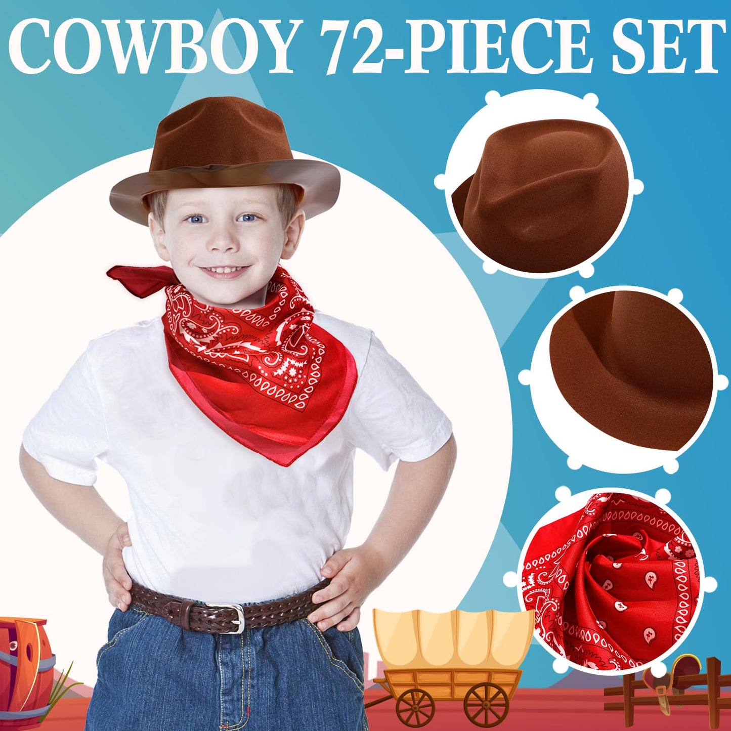 Hillban 72 Pack Cowboy Hat and Bandana Set, 36 Cowboy Hats 36 Cowboy Bandana Bulk for Fancy Dress Party Cosplay Costume (Brown, Pink)