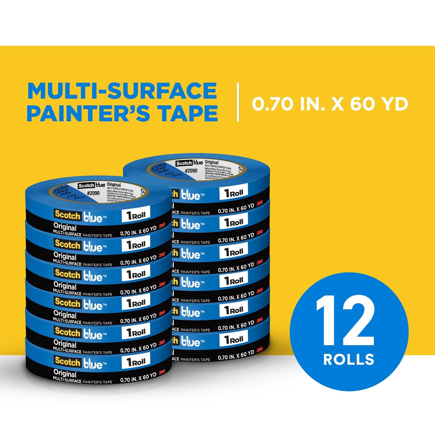 ScotchBlue Original Multi-Surface Painter's Tape 2090, 0.75 Inches x 60 Yards per Roll, 12 Rolls, Blue, 14-Day Clean Removal, UV Resistant, for Indoor and Outdoor Use