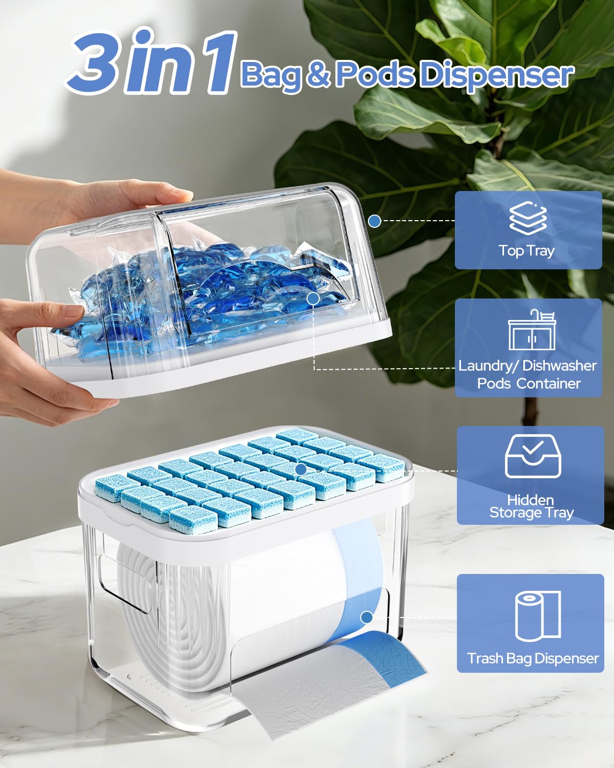 YGKATING Trash Bag Dispenser & Dishwasher Pods Container, 3 in 1 Clear Acrylic Garbage Bags Holder Under Sink Organizer Laundry Pods Dishwasher Tabs Storage Box for Laundry Room and Kitchen Cabinet