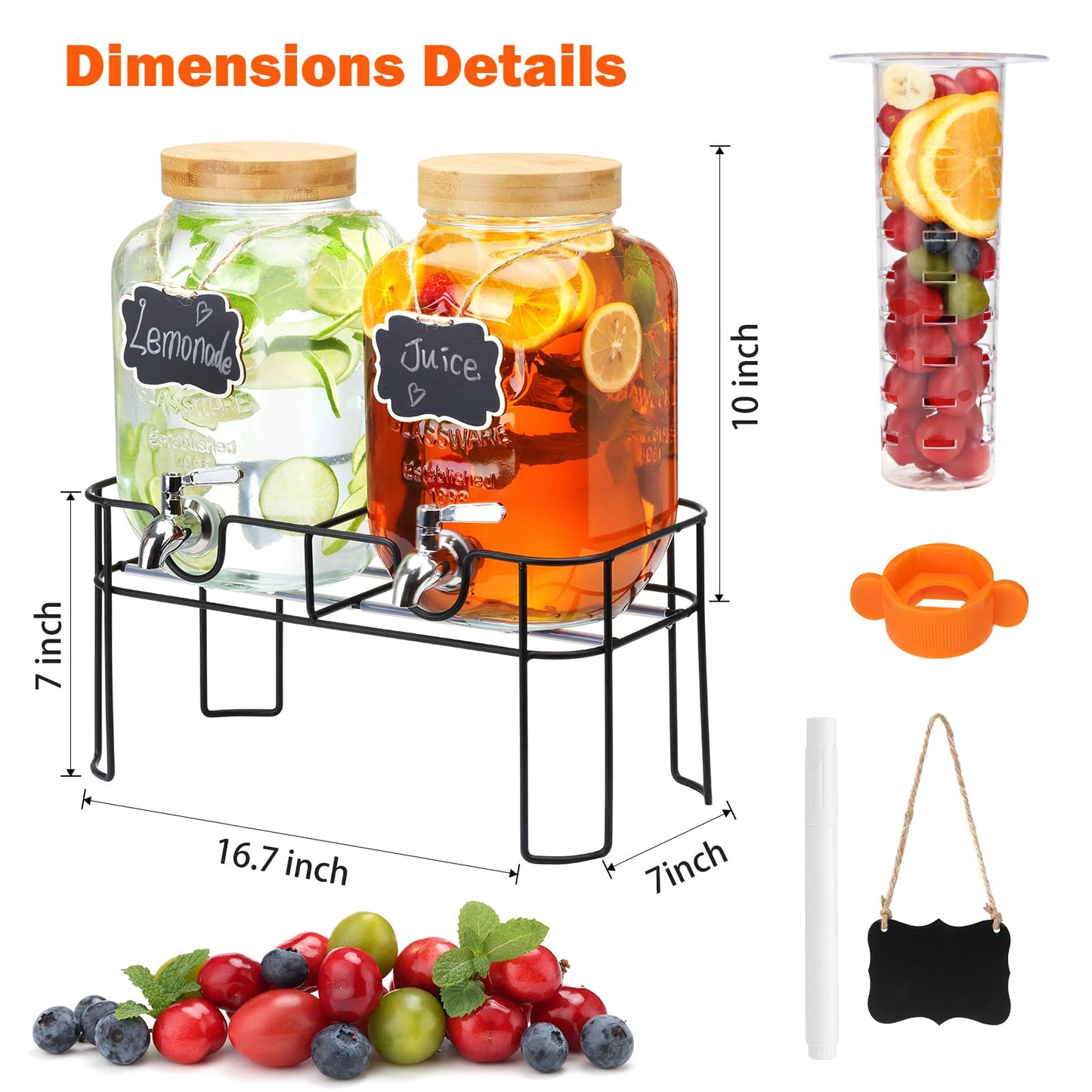 2 Pack 1 Gallon Glass Drink Dispenser with Bamboo Lid, Beverage Dispenser with Stand, Drink Machine for Lemonade, Iced Drinks Kombucha Dispenser