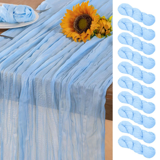 DeZerlor Baby Blue Cheesecloth Table Runner 10 Pack Spring Boho Sheer Cheese Cloth Table Runners Light Blue 120 Inches Long Gauze Easter Table Decor for Wedding Bridal Baby Boy Shower Birthday Party