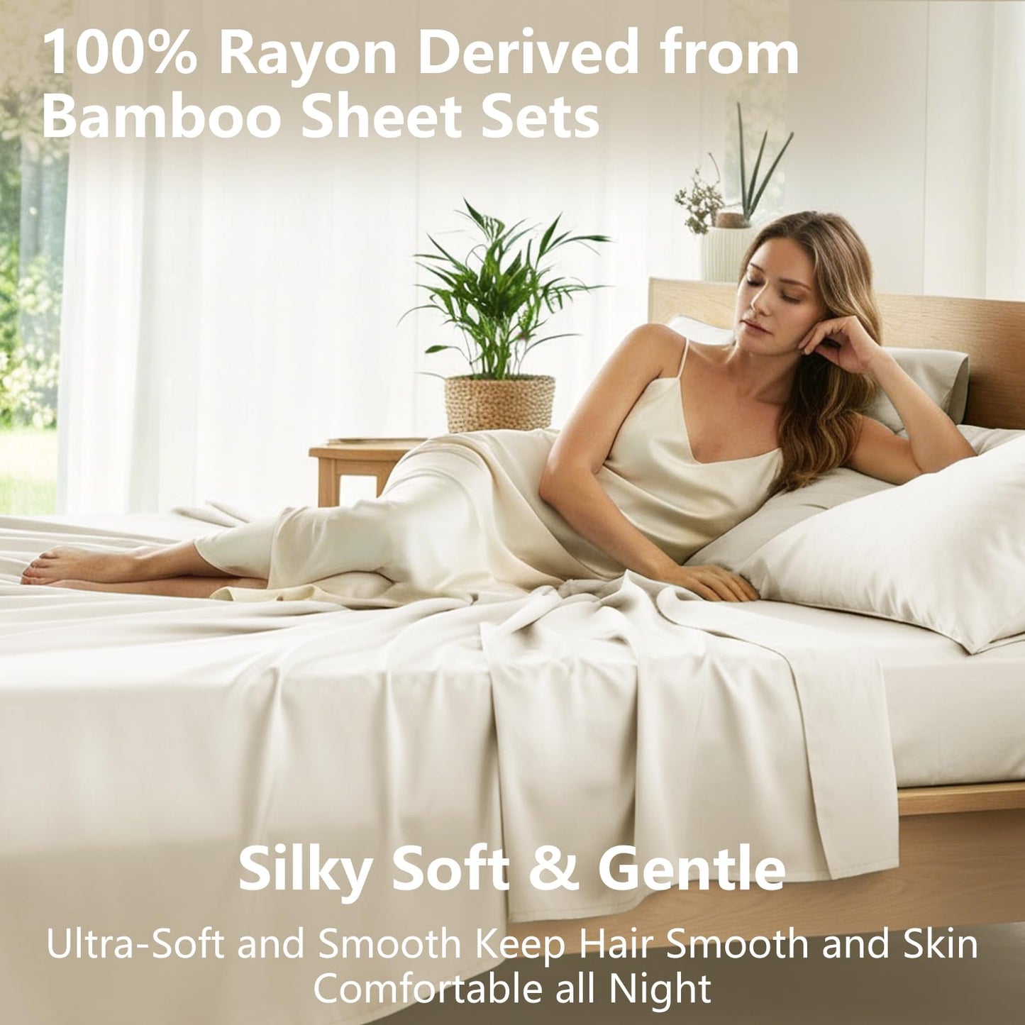 CozyLux King Size Sheets Set, Rayon Derived from Bamboo, Skin Friendly for Hot Sleepers, 16" Deep Pocket Cooling & Breathable All Season Bedding Set, Oeko-TEX Certified, Ivory