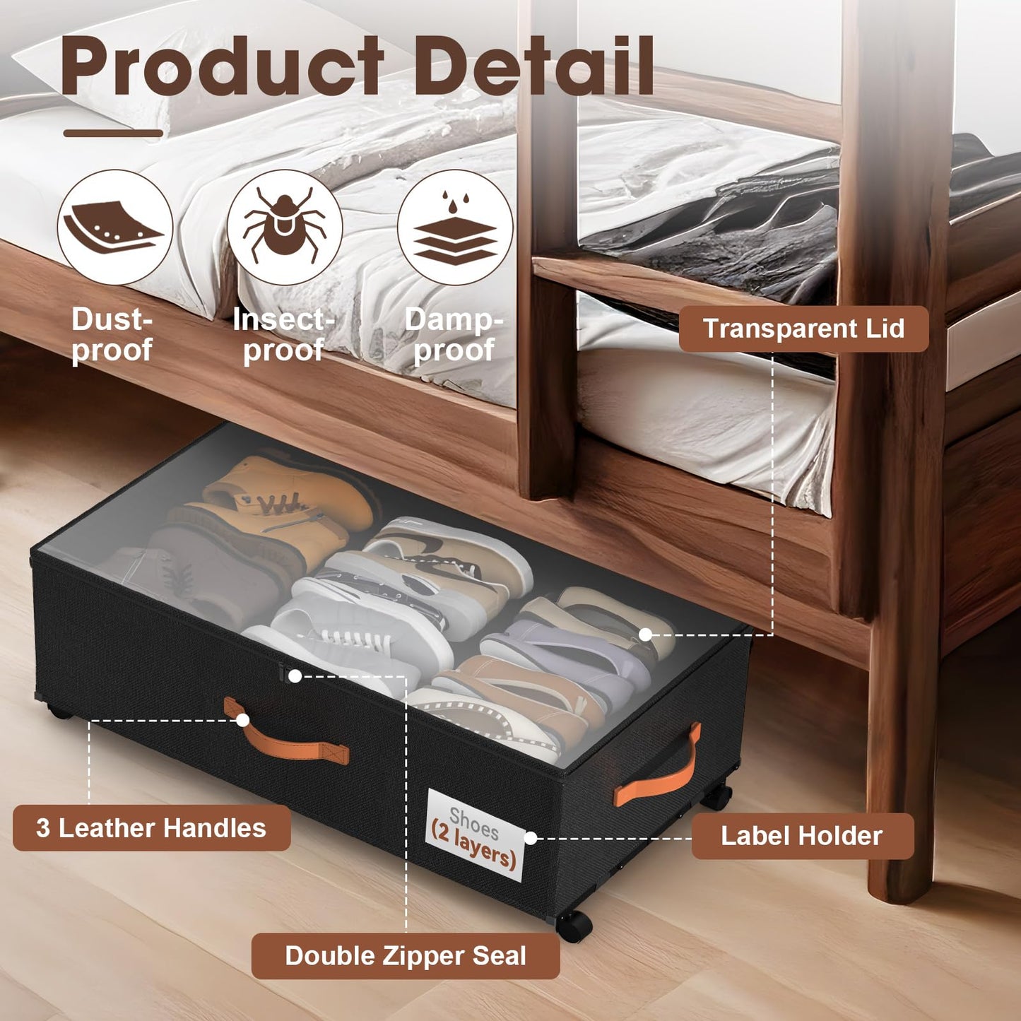 Eastherry Under Bed Storage Containers with Wheels, 9.5 inches Higher Underbed Shoes Blankets Clothes Toy Storage Drawers for College Dorms Bedrooms Nursery Rooms Organization, 2 Pack to be Assembled