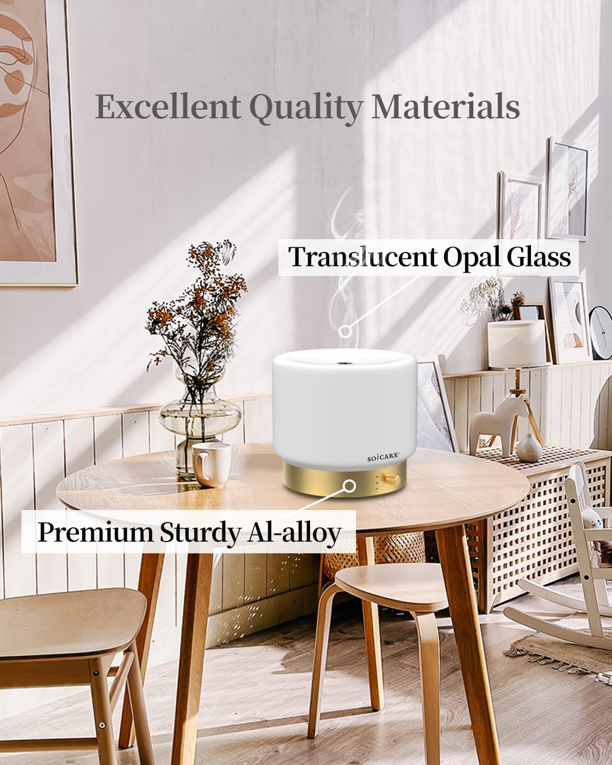 SOICARE Glass Diffuser with Luxury Alloy Base(Gold), All-in-one Room Decor Aromatherapy Oil Diffusers for Essential Oils, Air Scent Essential Oil Diffuser Humidifier,Dimmable Warm Light (280ML)