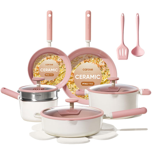 CAROTE Ceramic Cookware Set Nonstick, 15pcs Pots and Pans Set Non stick, Non Toxic Cookware,Dishwasher,RV/Camping Cookware Set, Pan and Pot with Kitchen Utensils, Pink