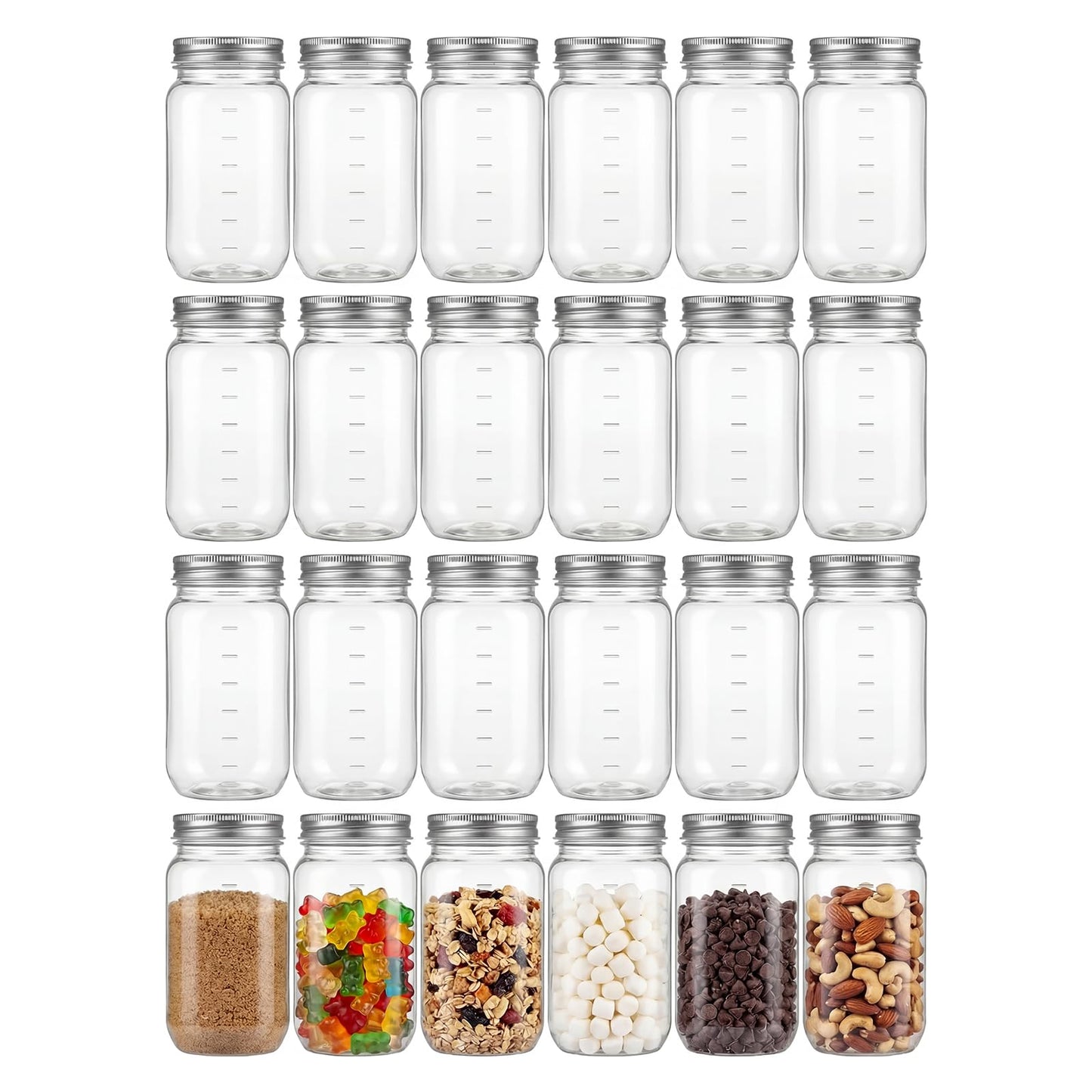 novelinks 16 oz Plastic Mason Jars with Lids, Refillable Clear Plastic Jars with Lids 16oz & Reusable Empty Storage Containers with Lids (Sliver,24 Pack)