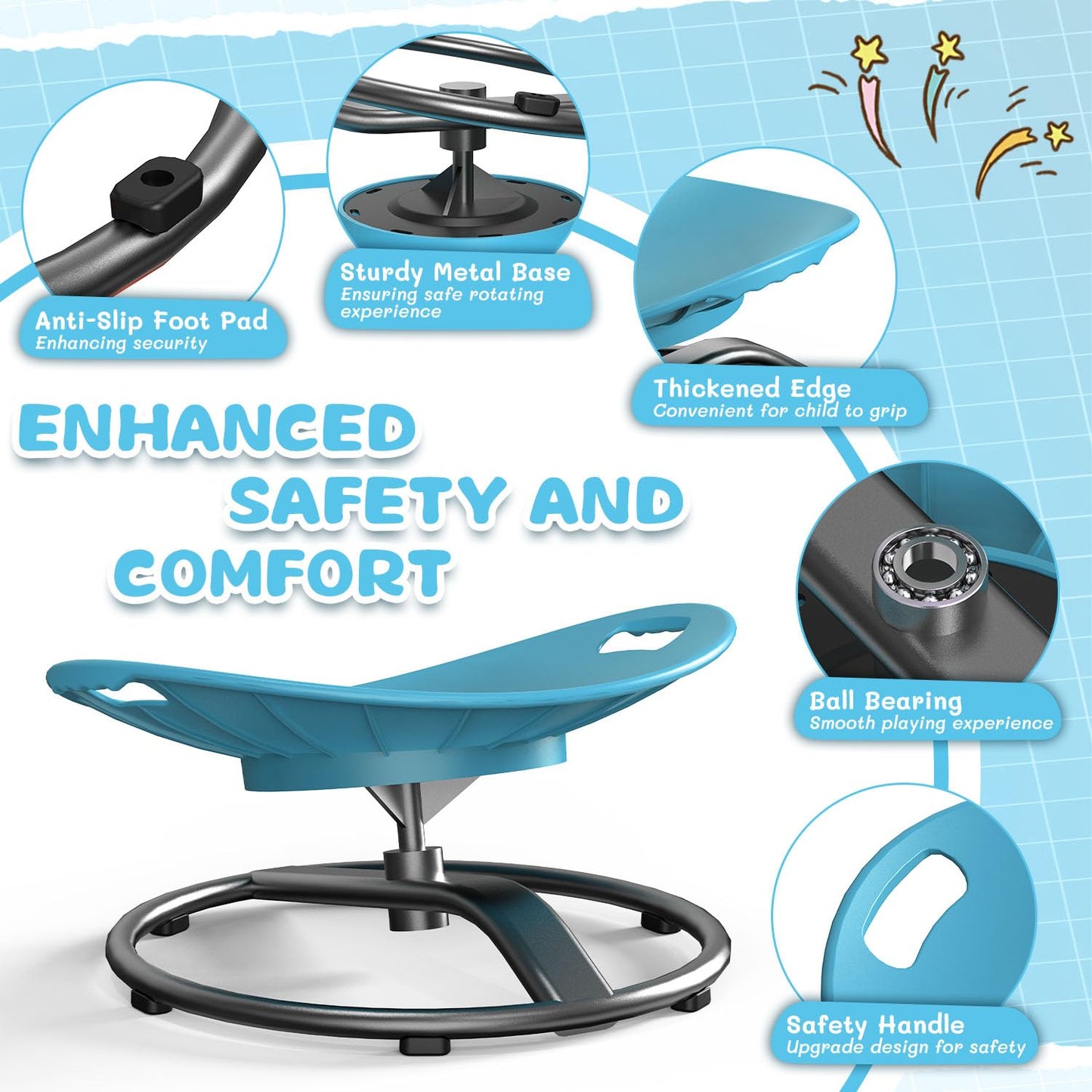 pozoera Spinning Chair for Autistic Kids - Sensory Spinning Chair with Safety Handle & Non-Slip Design Sensory Toys for Kids with Autism(Blue)