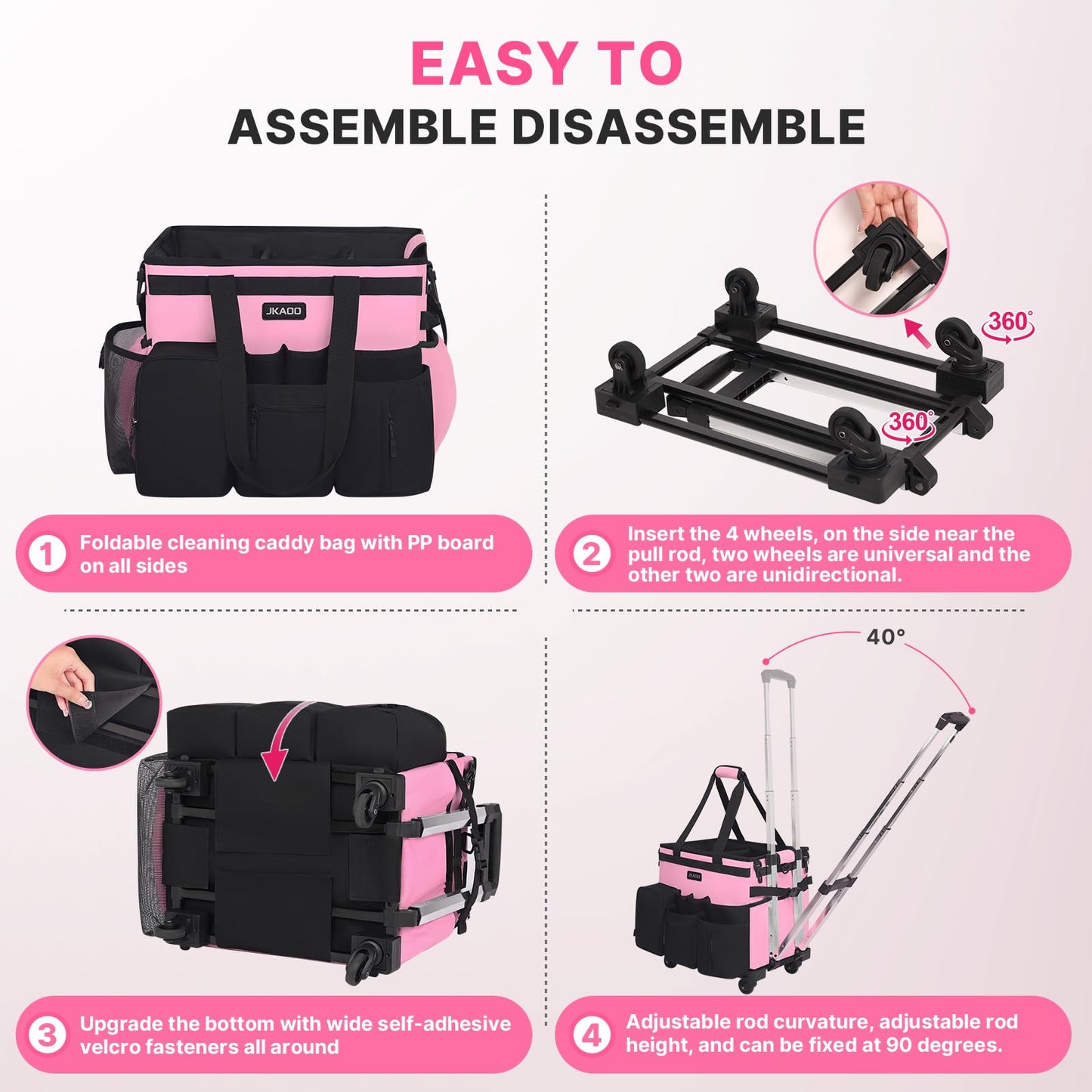 JKAOO Large Rolling Cleaning Caddy Bag with Detachable Trolley, Waterproof Cleaning Caddy on Wheels for Housekeepers, Cleaning Cart Supplies Organizer for Home,Car,Office,Picnic (Pink) (in Patent)
