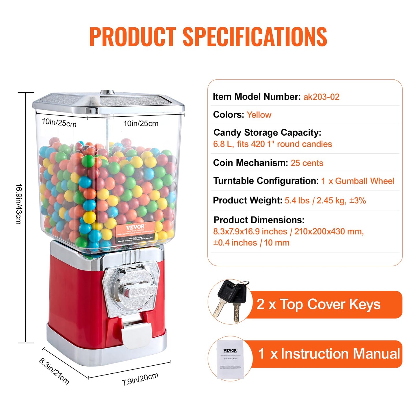 VEVOR Gumball Machine for Kids, 17"H Home Candy Vending Machine, PC Gumball Dispenser, Bubble Gum Machine for Game Stores, Coin Operated Gumball Bank for Toy Capsules Bouncy Balls Candy, Red