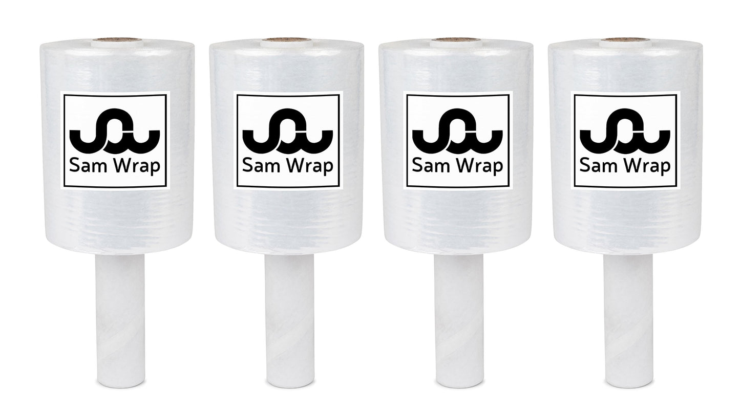 Sam Wrap (R) Stretch Wrap 5" x 1000' Roll With Handle, 80 Gauge Extra Thick Durable Self-Adhering Plastic Wrap for Moving, Packing Wrap Industrial Strength, Clear Plastic Pallet Shrink (4 Pack)