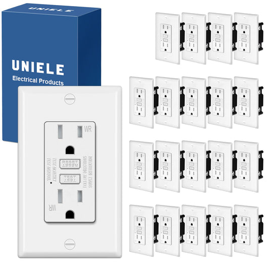 (20 Pack) UNIELE 15 Amp WR GFCI Receptacle Outlet, Outdoor Weather-Resistant GFI, Ground Fault Circuit Interrupter, Wallplate Included, White