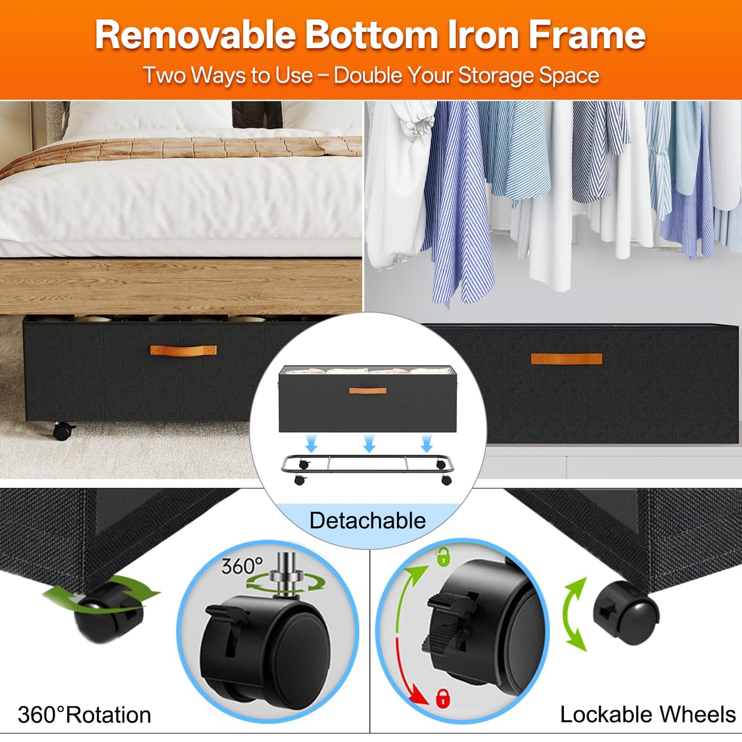Under Bed Storage with Wheels, 12" Height Under Bed Storage Extra Deep Under Bed Storage Containers, Perfect for 14'' Bed Frame, No Assemble Metal Rolling Underbed Storage for Clothes Shoes Blankets