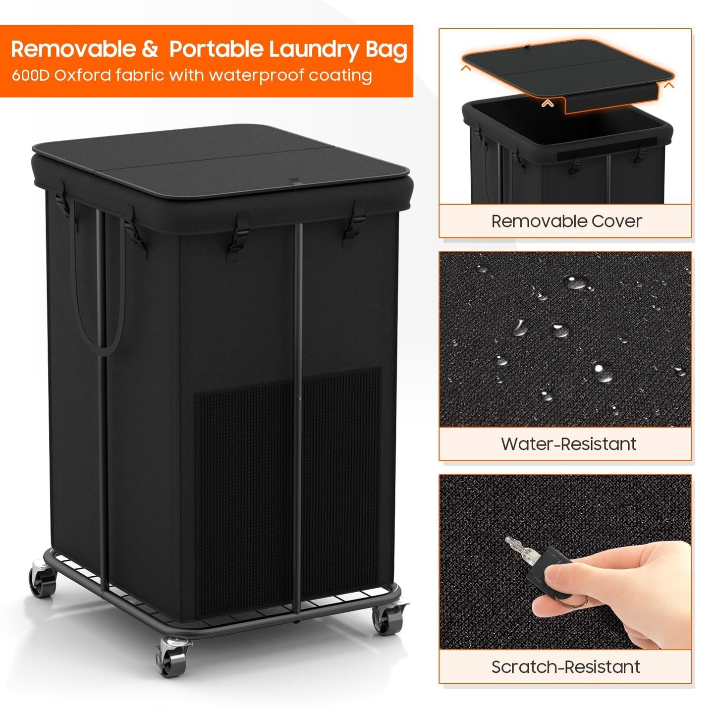 150l Laundry Hamper with Lid, Rolling Laundry Basket with Wheels, Large & Tall Dirty Clothes Hamper with Metal Frame and Removable Bag for Bedroom Aesthetic, Laundry Room, Bathroom, Dorm-Black