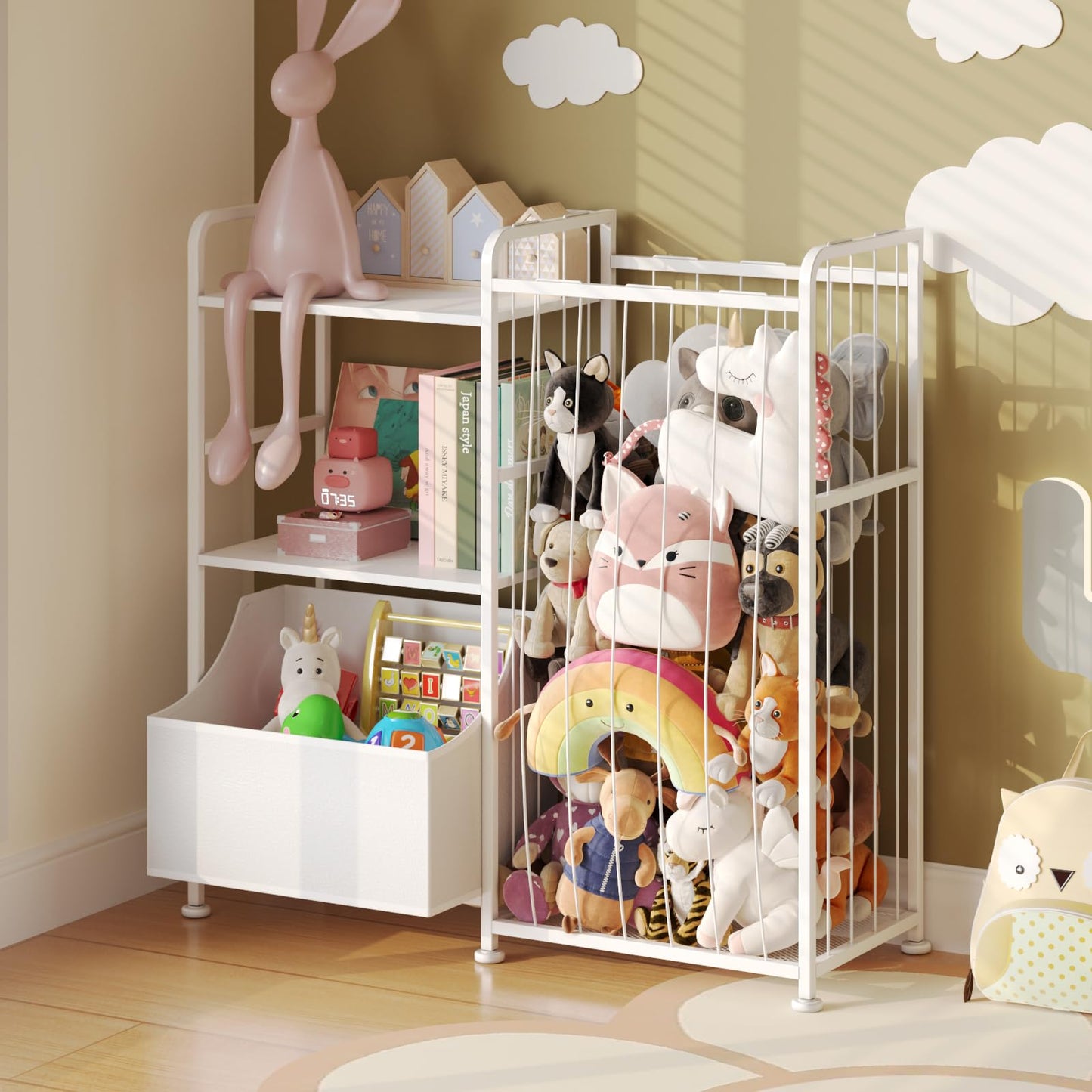 BBLIKE Kids Bookshelf and Toy Storage Organizer, Stuffed Animal Storage Holder with Fabric Toy Chest, 2-Tier Toddler Book Shelf for Kids Room, Playroom, Nursery, White