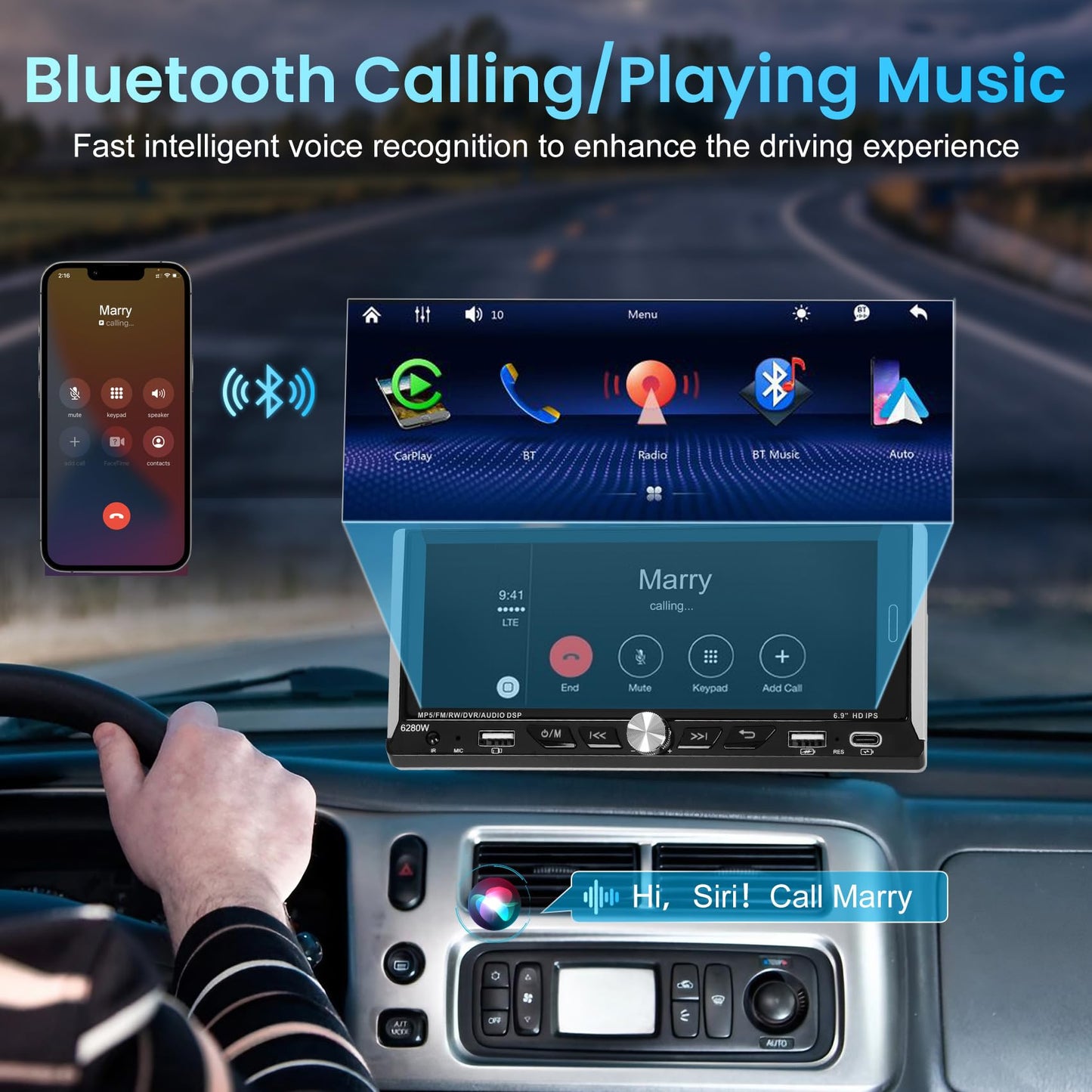 Single Din Car Stereo with Wireless Apple Carplay Android Auto, 6.9" IPS Touchscreen Car Stereo with Bluetooth 5.2 Handsfree Mirror Link Backup Camera GPS Navigation Dual USB Fast Charge FM AM EQ SWC