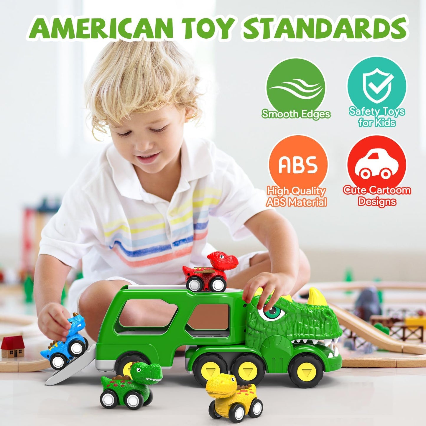 HEGUD Toddler Car Toys for 1 2 3 4 5 Year Old Boy, 5-in-1 Dinosaur Vehicle Trucks Toys for Toddlers 1-3 with Sounds & Lights Toys for Boys 4-7 Toys for Age 2-4 Dinosaur Toys for Kids 3-5