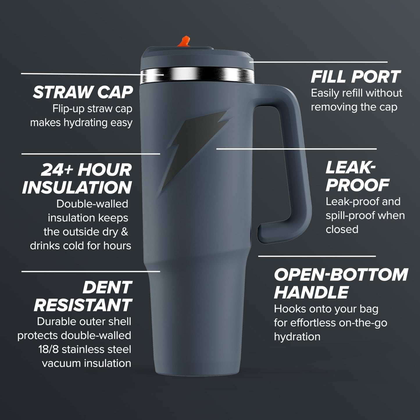 Gatorade Crossover Stainless Steel Tumbler Water Bottle, Graphite, Double-Wall Insulation, 36 fl oz