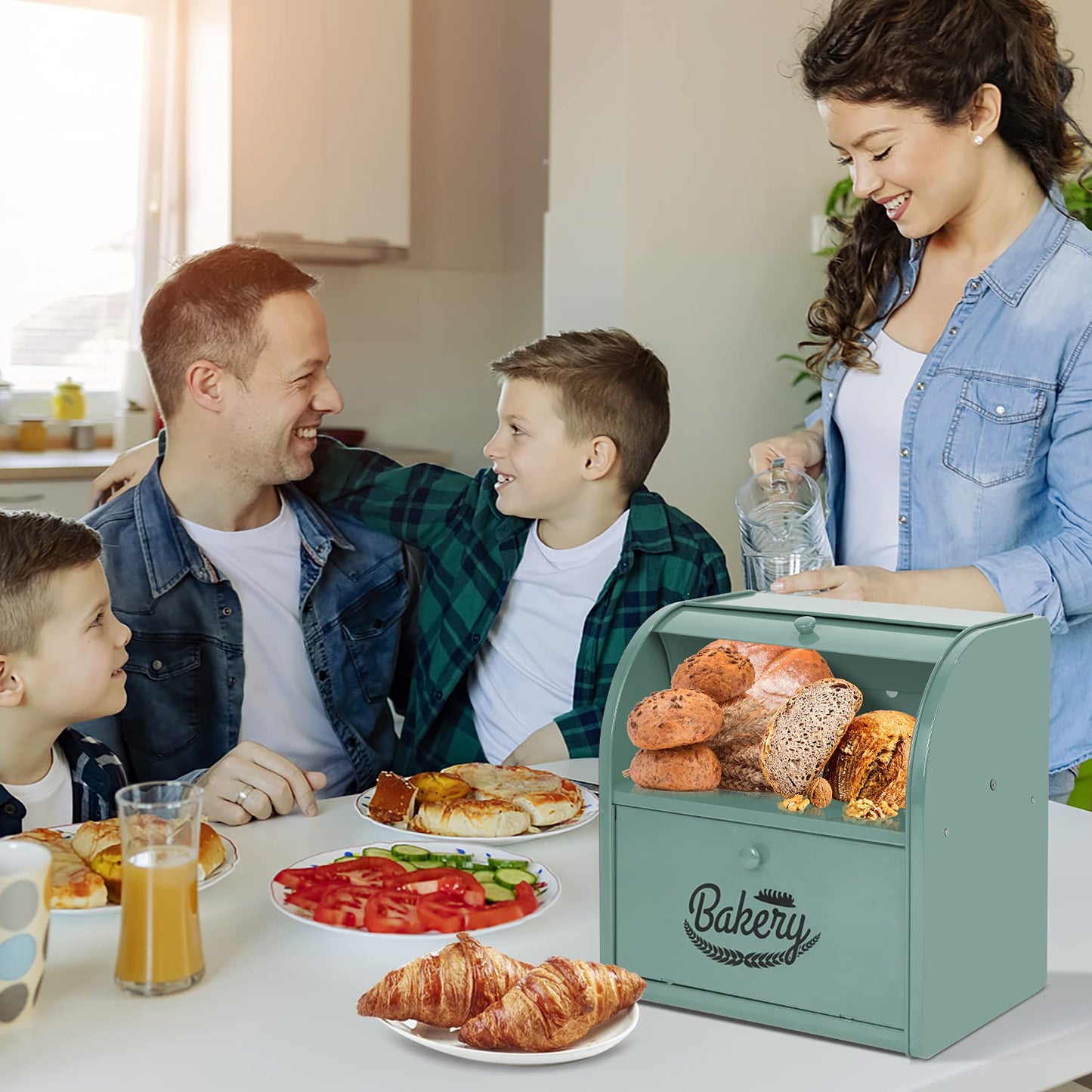 Pitmoly Stainless Steel Bread Box, 2 Layer Roll Top Bread Boxes, Large Capacity Food Storage Container for Kitchen Counter, Metal Bread Bin, Bread Holder for Countertop 11.8" x 9.6" x 12.8" (Green)